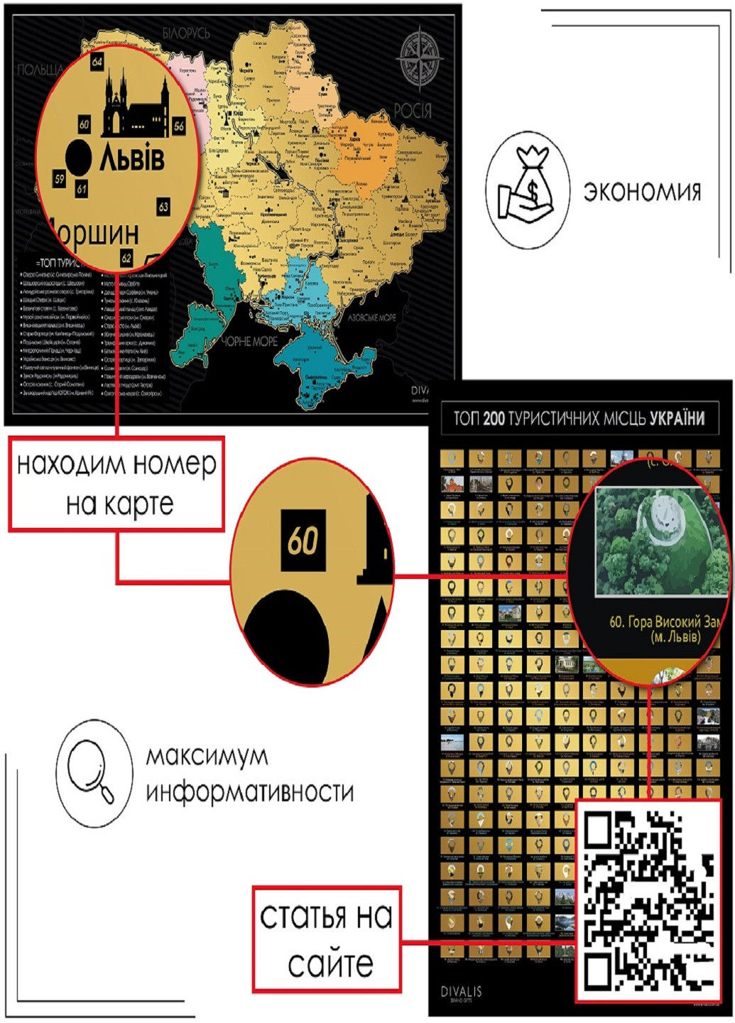 Туристический Скретч Постер Топ 200 Достопримечательностей Украины - Скретч Карта Украины от Divalis (233117127)