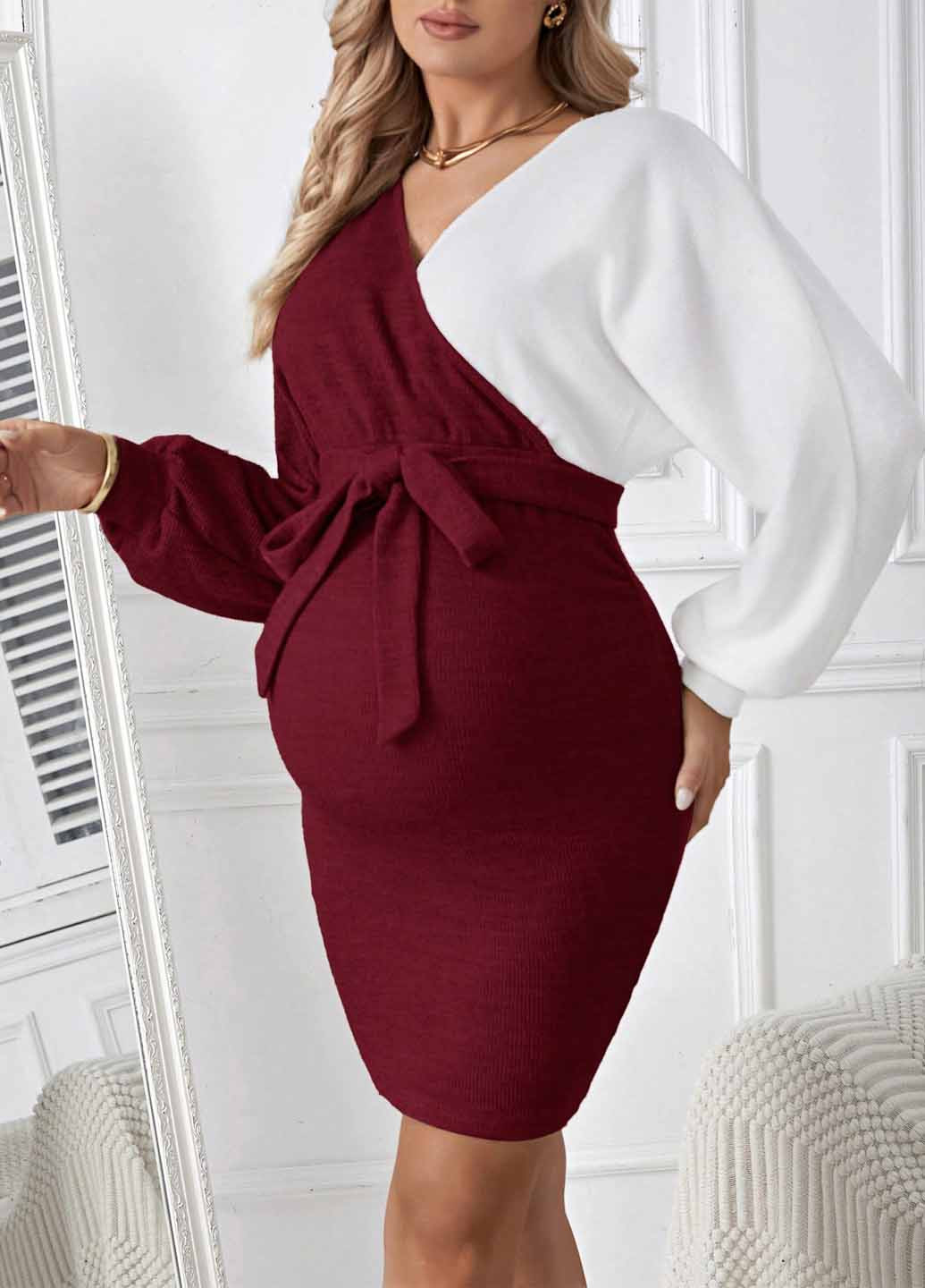 Бордова кежуал сукня для вагітних сукня светр SHEIN колор блок