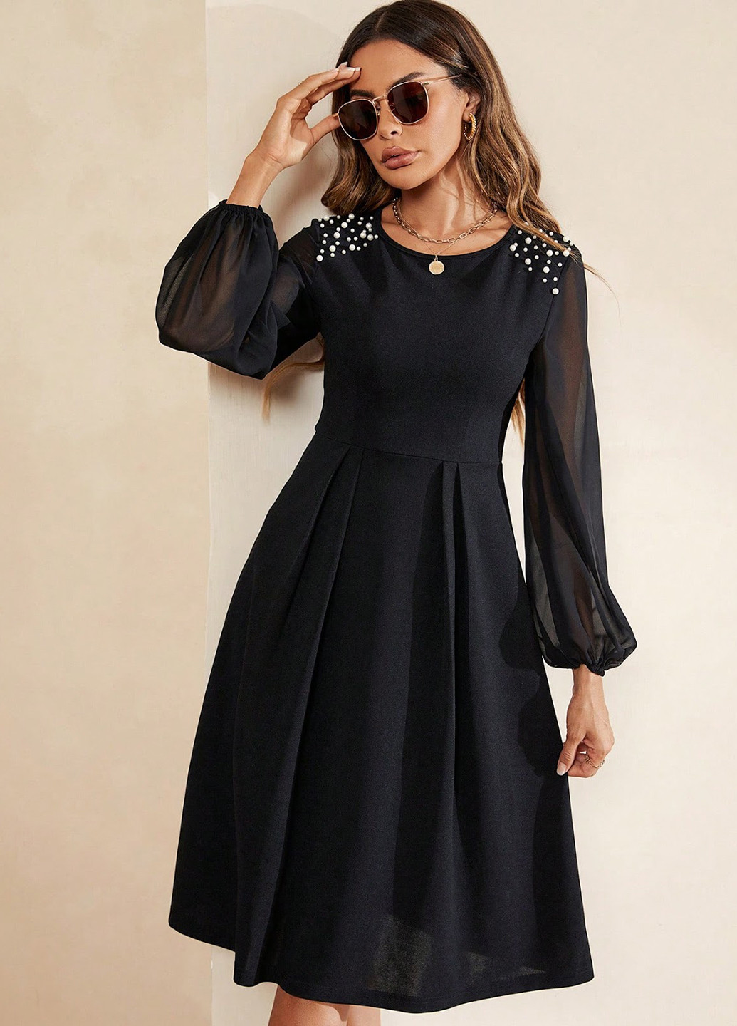 Чорна ділова сукня з спідницею-сонце SHEIN однотонна