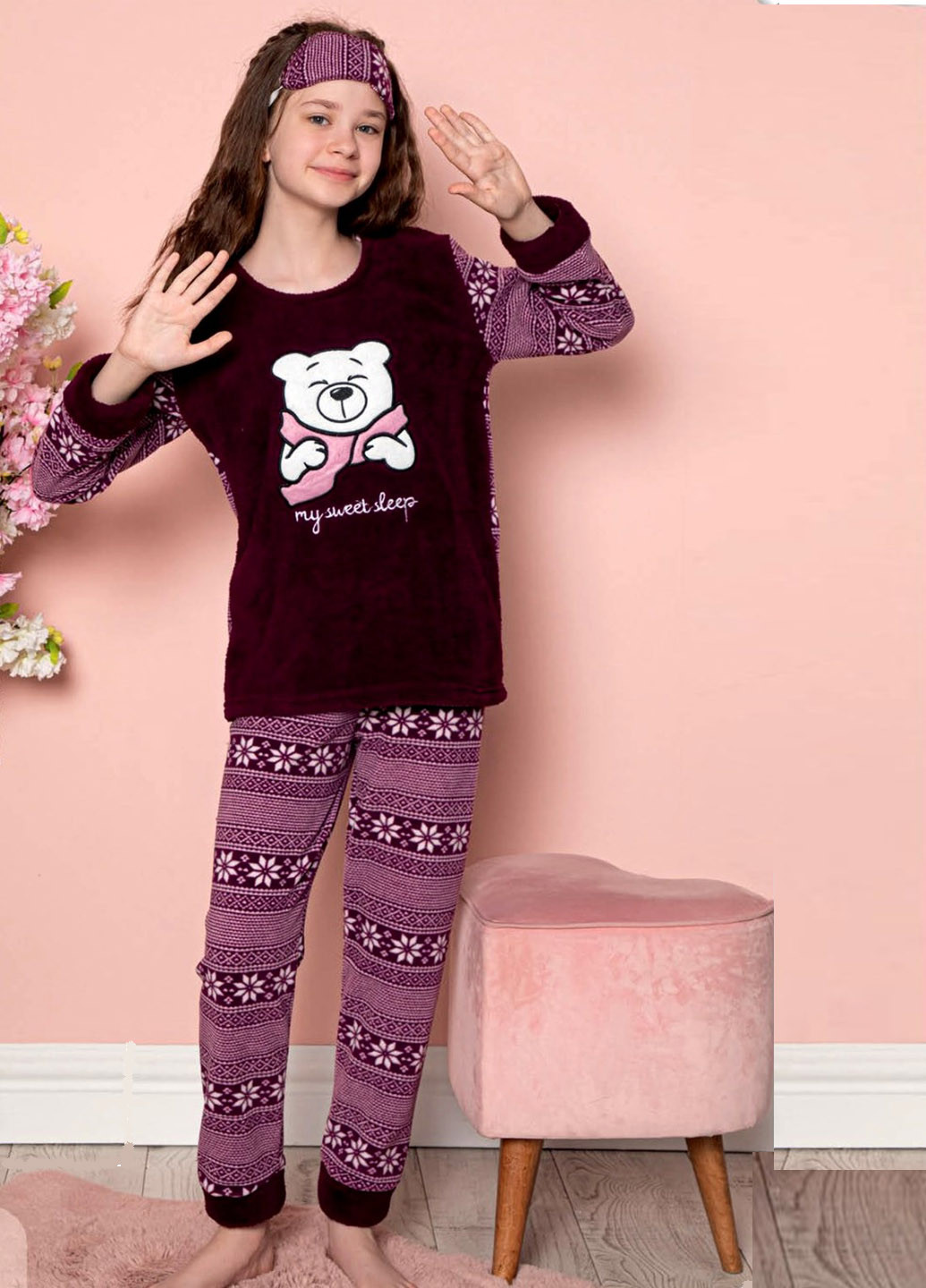 Бордовая зимняя пижама теплая флисовая кофта + брюки Mini Moon