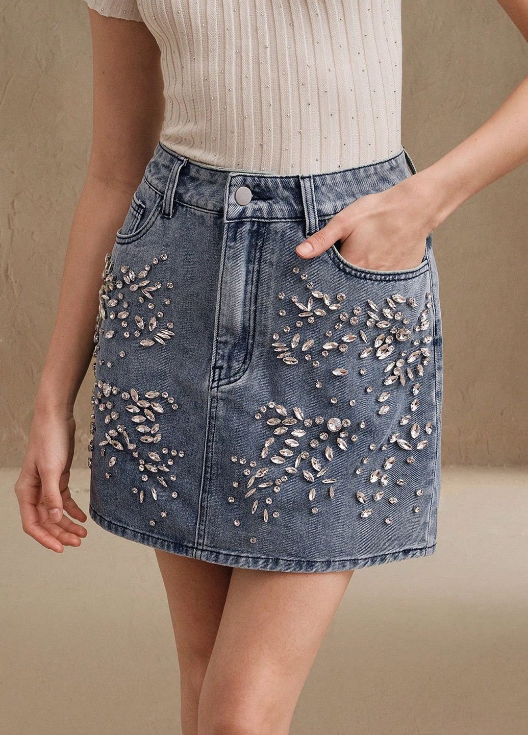 Синяя джинсовая однотонная юбка SHEIN а-силуэта (трапеция)