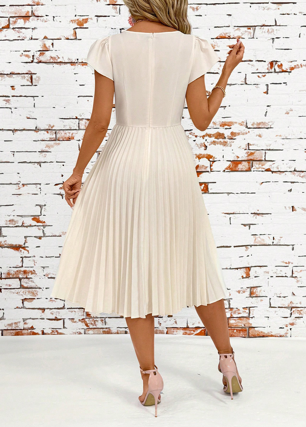 Кремова святковий, ділова, кежуал сукня кльош, плісована SHEIN однотонна