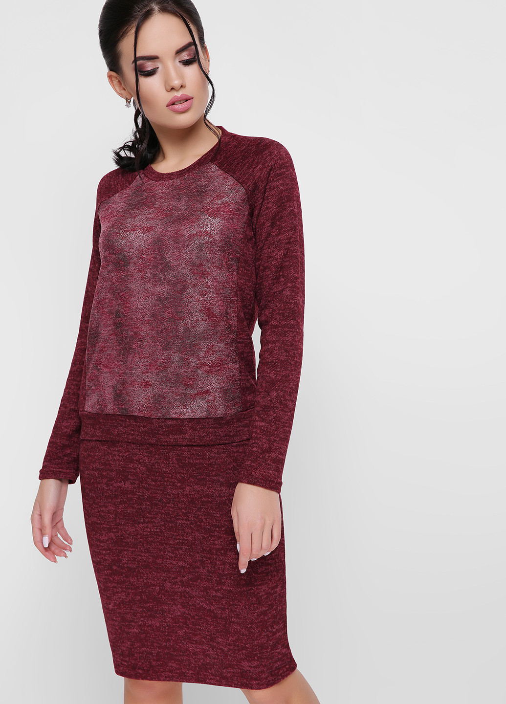 Костюм (свитшот, юбка) Fashion Up с длинным рукавом меланж бордовый кэжуал