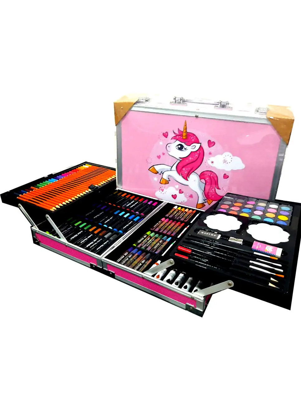 Набор для детского творчества и рисования 145 предметов юный художник в алюминиевом чемодане единорог No Brand розовое