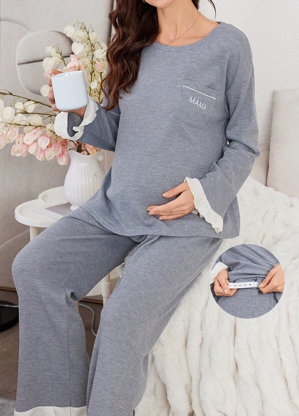 Сіра всесезон піжама для вагітних (лонгслів, штани) лонгслів + брюки SHEIN