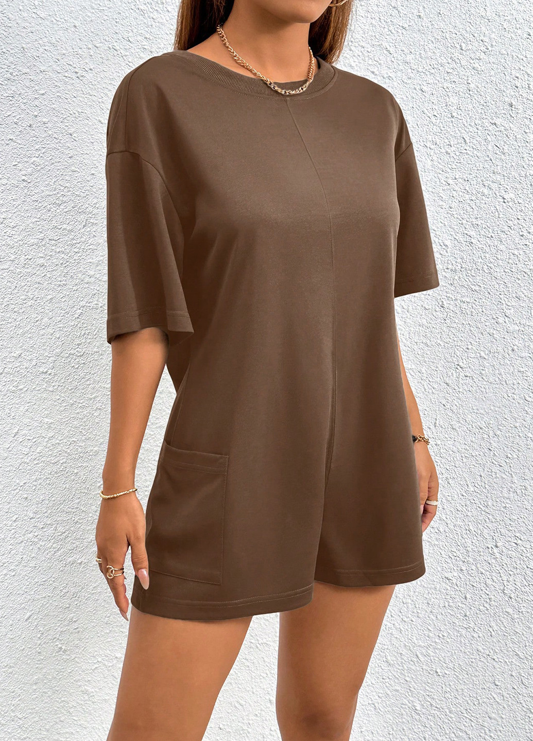 Комбинезон SHEIN комбинезон-шорты однотонный коричневый кэжуал полиэстер