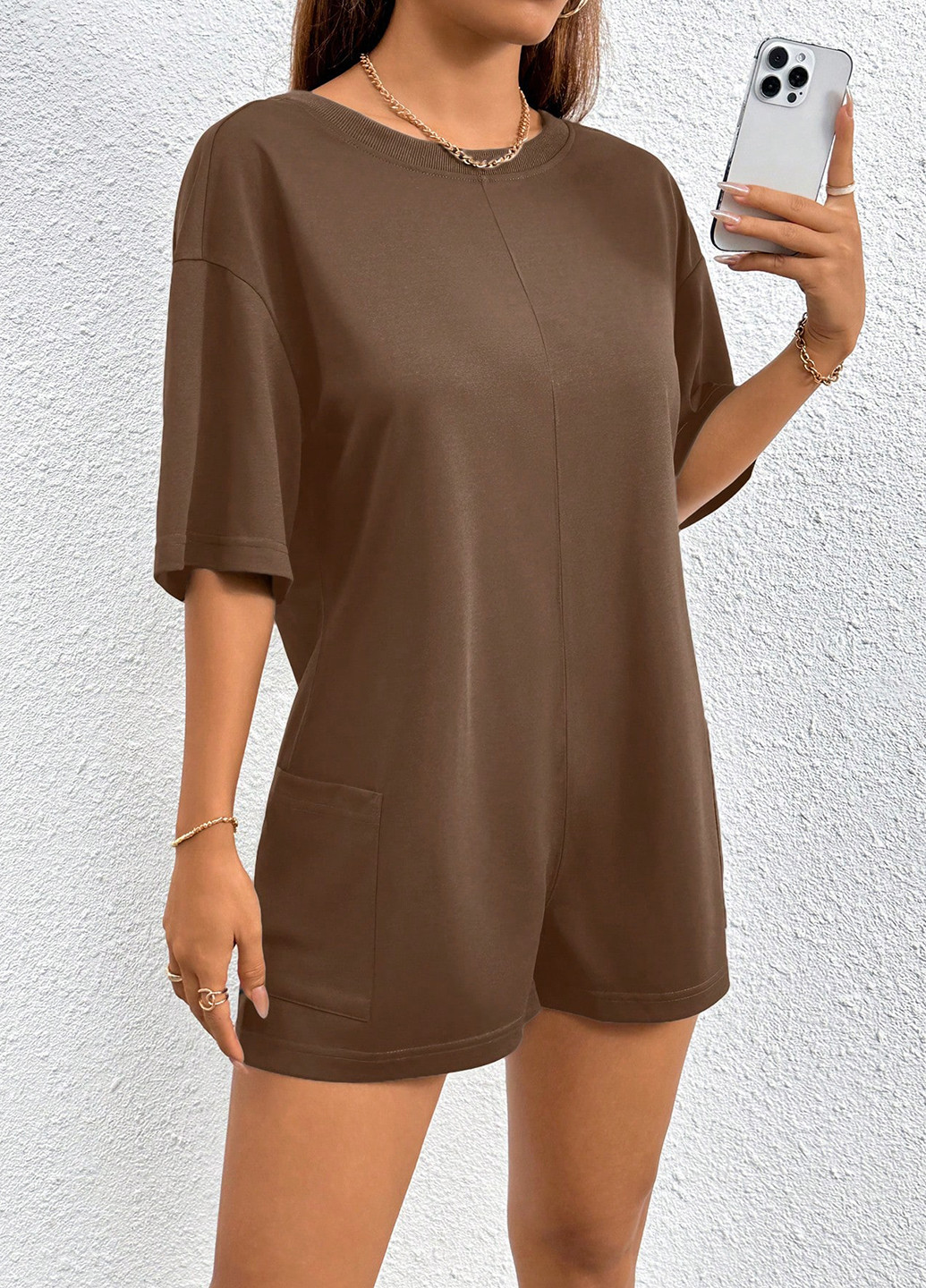 Комбинезон SHEIN комбинезон-шорты однотонный коричневый кэжуал полиэстер