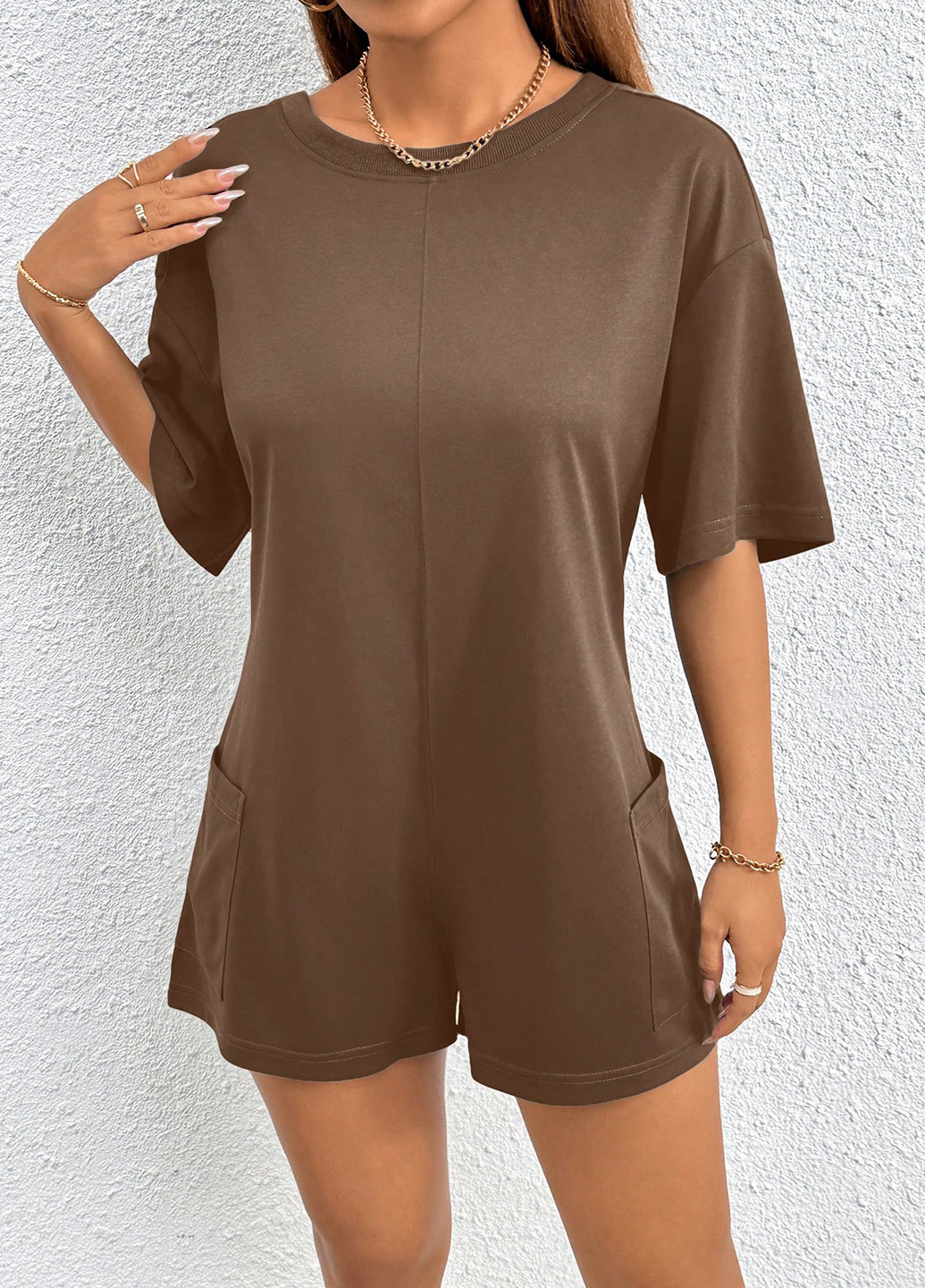 Комбинезон SHEIN комбинезон-шорты однотонный коричневый кэжуал полиэстер