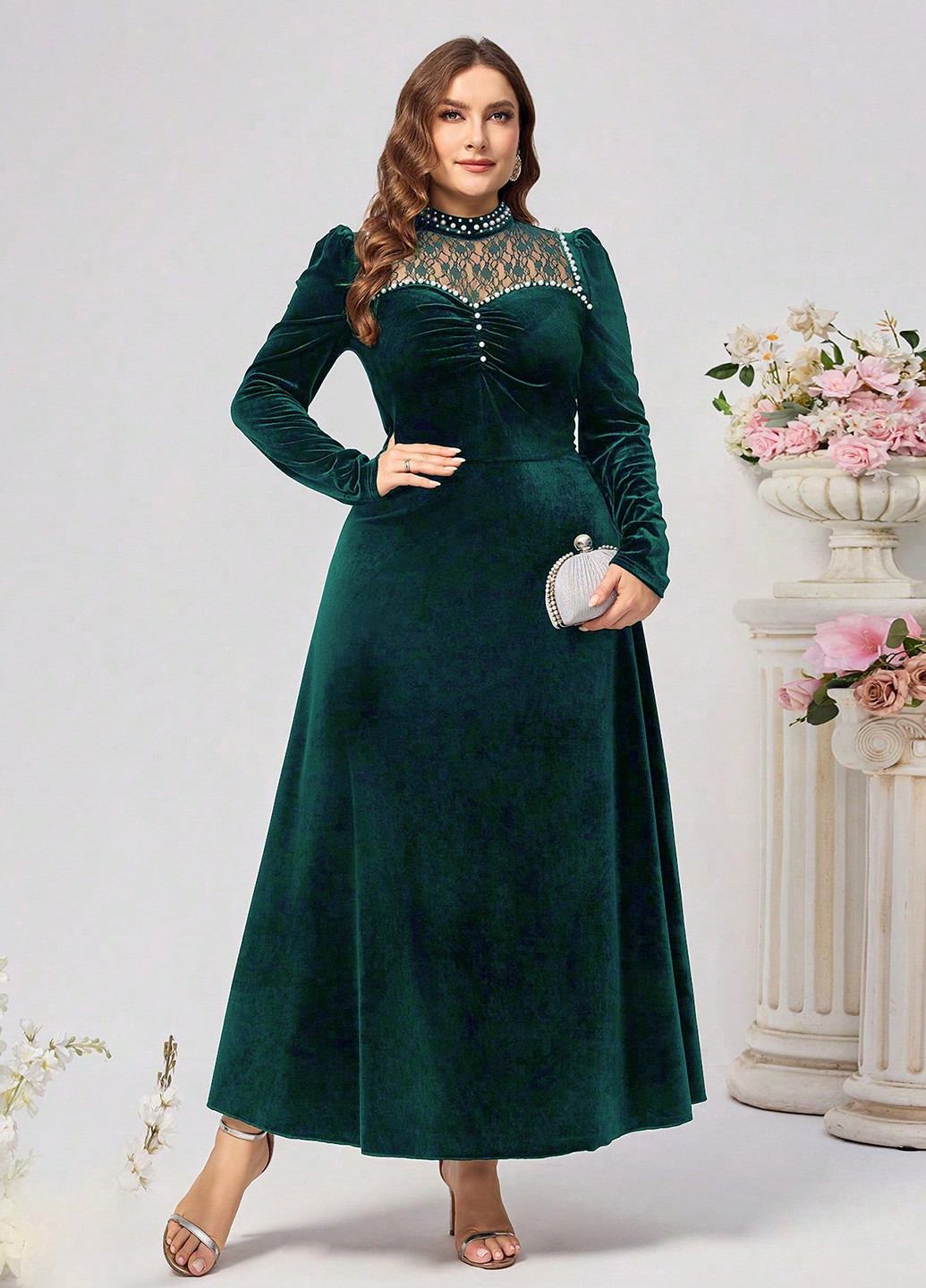 Темно-зеленое вечернее платье клеш, а-силуэт SHEIN однотонное