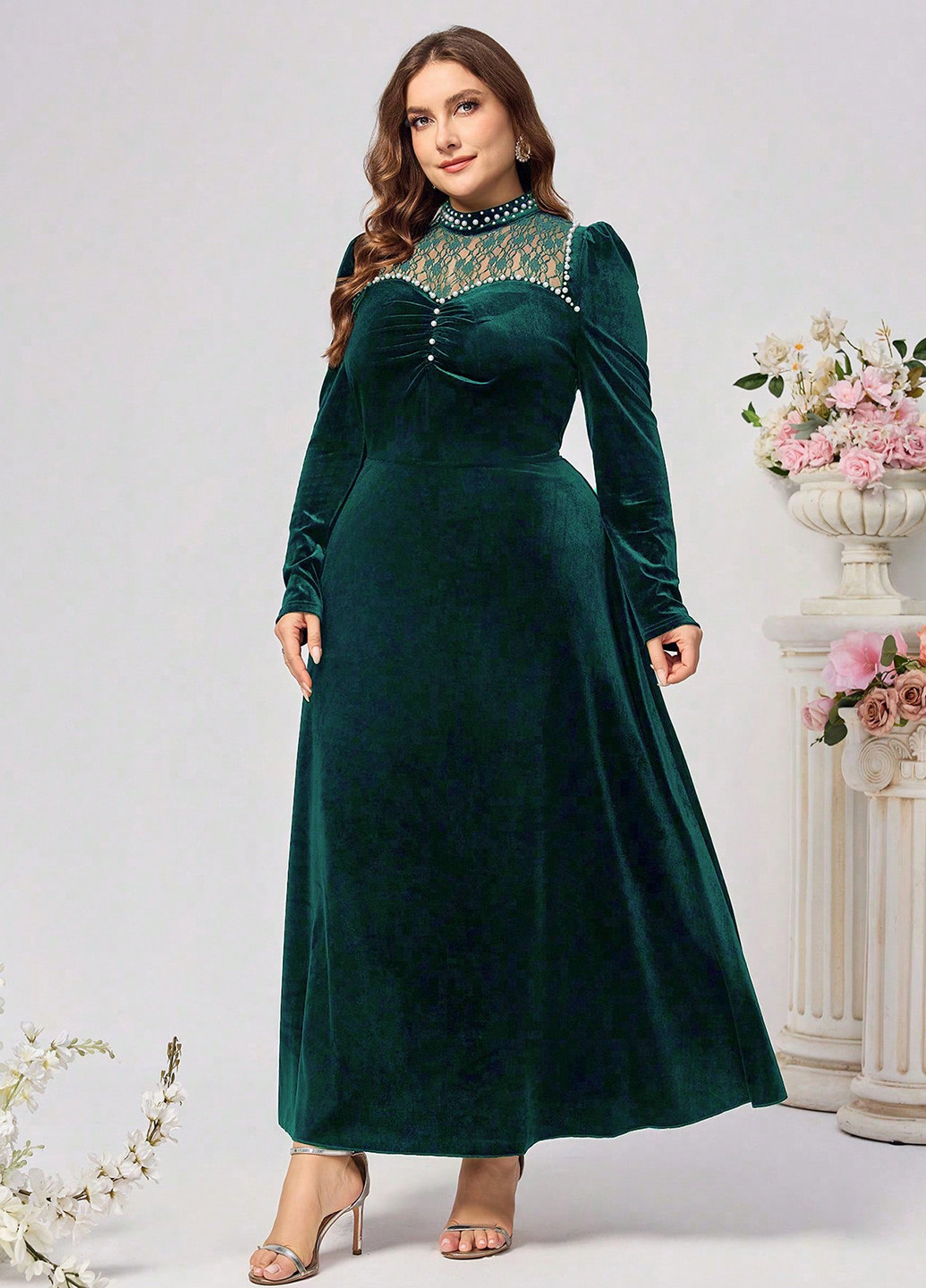 Темно-зеленое вечернее платье клеш, а-силуэт SHEIN однотонное