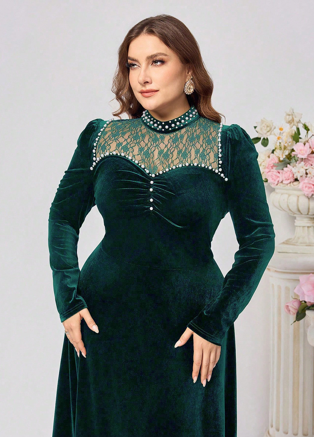 Темно-зеленое вечернее платье клеш, а-силуэт SHEIN однотонное