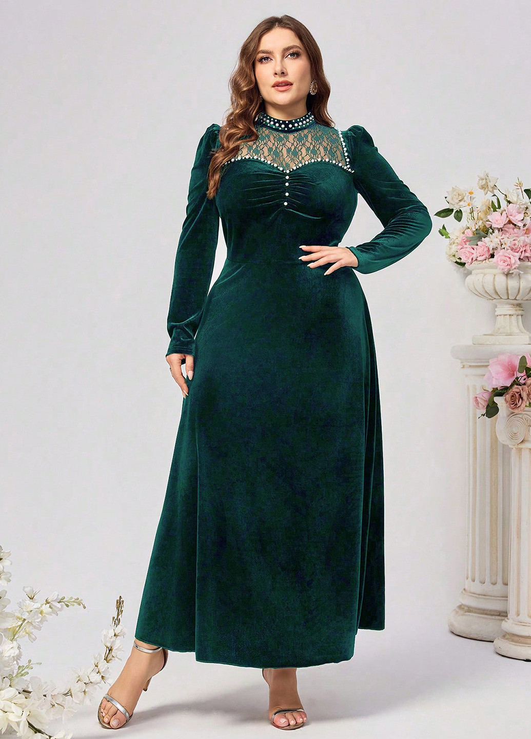 Темно-зеленое вечернее платье клеш, а-силуэт SHEIN однотонное