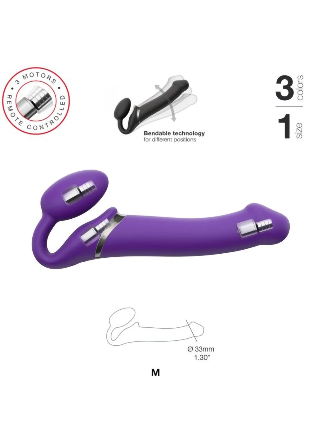 Безремневий страпон з вібрацією Vibrating Violet M діаметр 3,3 см, пульт дистанційного керування, регульований Strap-On-Me (254152287)