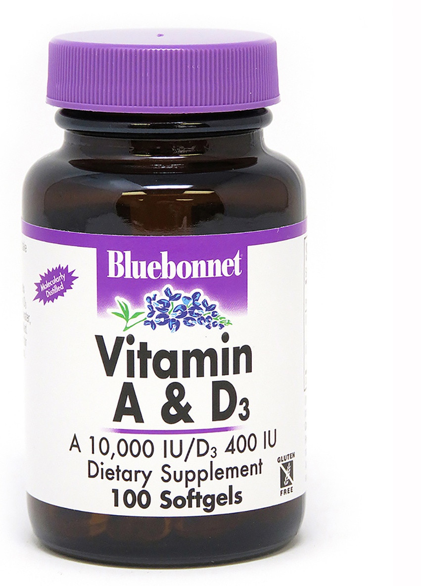 Вітамін А і D3 10 000 IU / 400 IU,, 100 желатинових капсул Bluebonnet Nutrition (228292541)