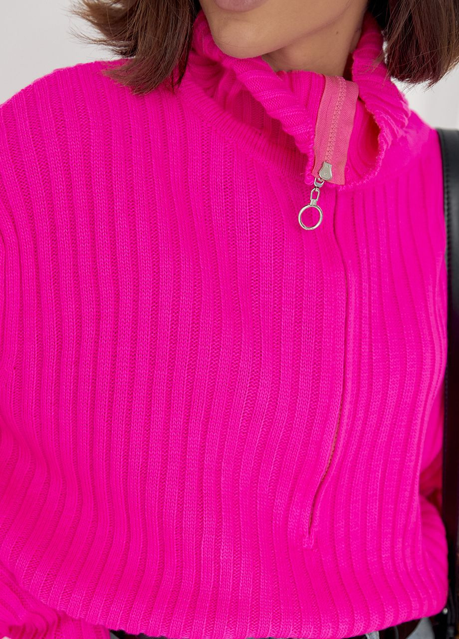 Фуксиновий (колору Фукія) демісезонний жіночий светр з блискавкою на комірі Lurex