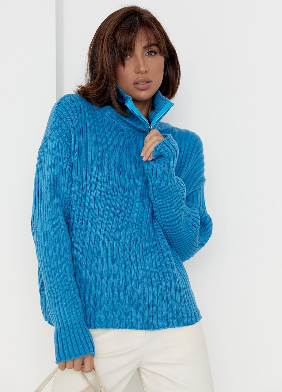 Синій демісезонний жіночий светр з блискавкою на комірі Lurex