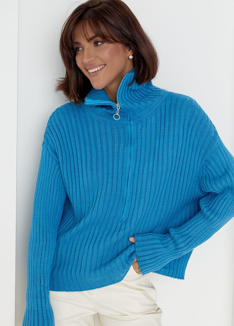 Синій демісезонний жіночий светр з блискавкою на комірі Lurex