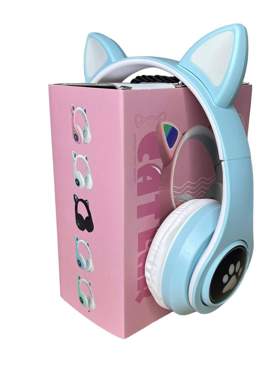 Наушники с ушками Cat Ear В39М беспроводные с подсветкой/FM-радио /MicroSD/Bluetooth голубые No Brand (261855614)