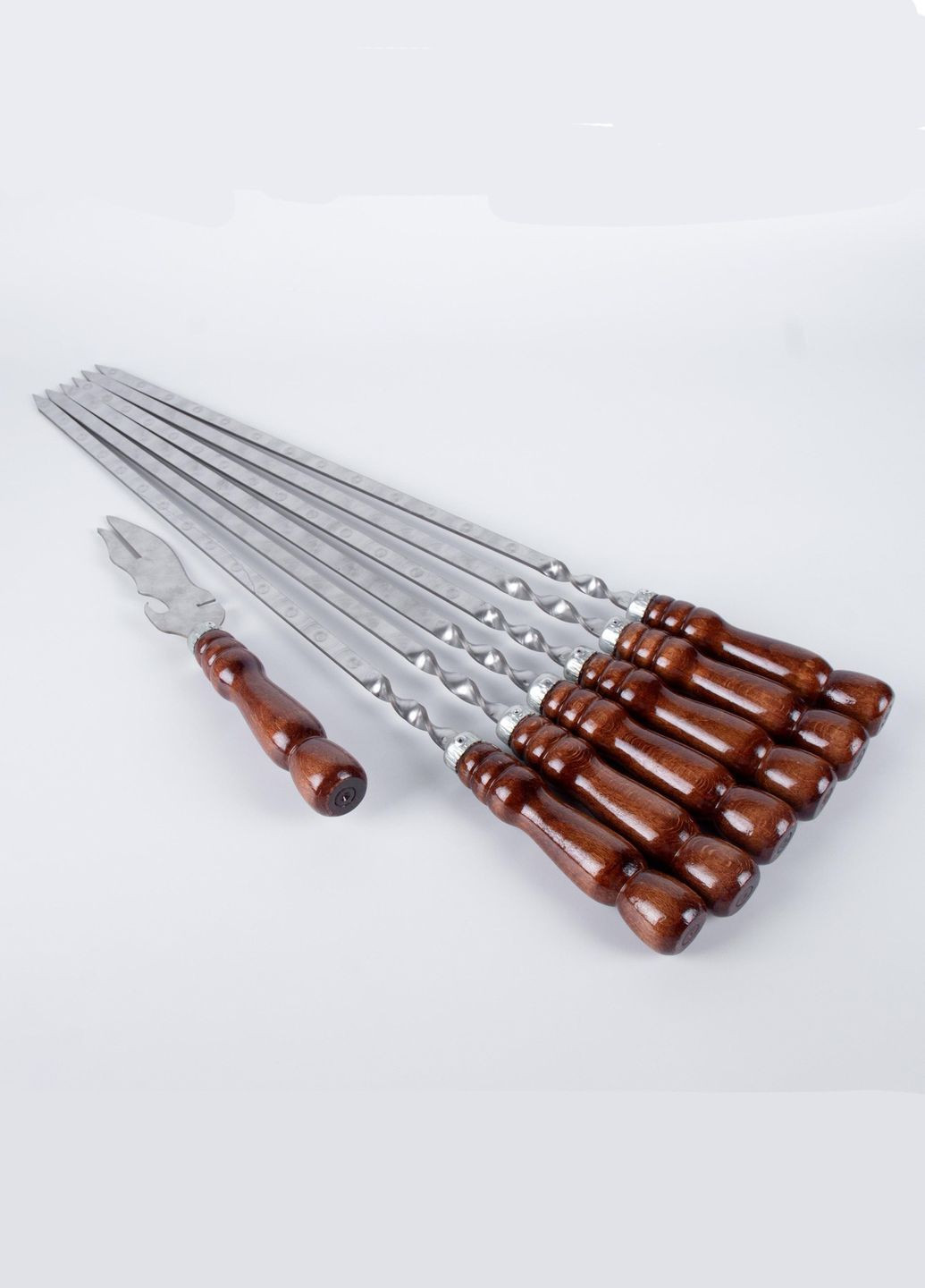 Набір шампурів з дерев'яною ручкою та вилкою-ножем 6 шт. No Brand (262095118)