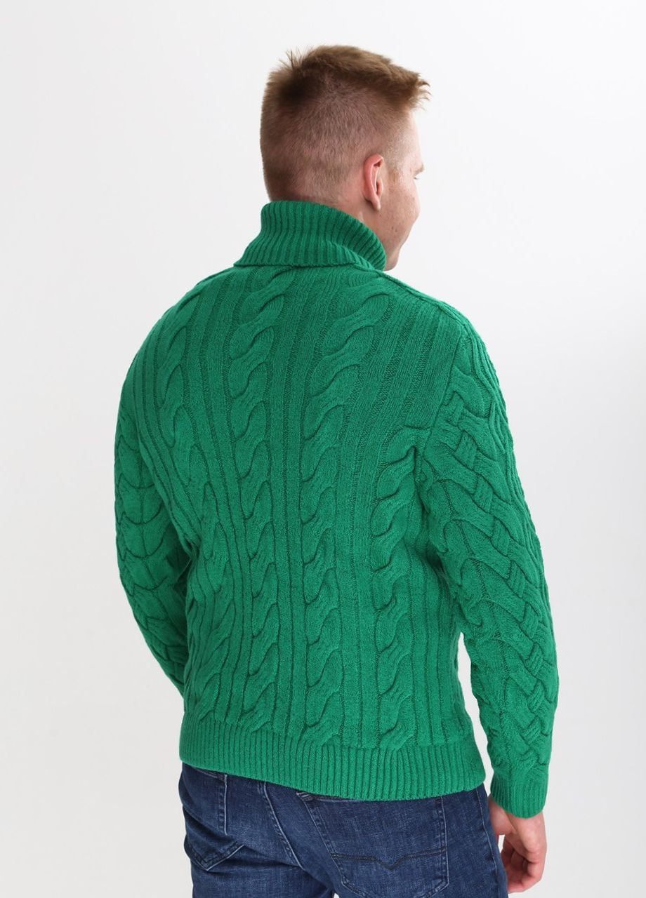 Зеленый зимний свитер мужской зеленый теплый с горлом и косами Pulltonic Приталенная