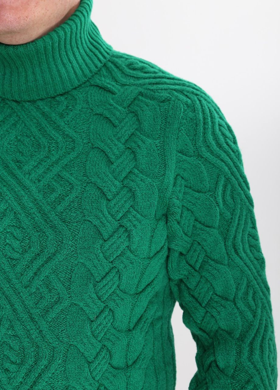 Зеленый зимний свитер мужской зеленый теплый с горлом и косами Pulltonic Приталенная