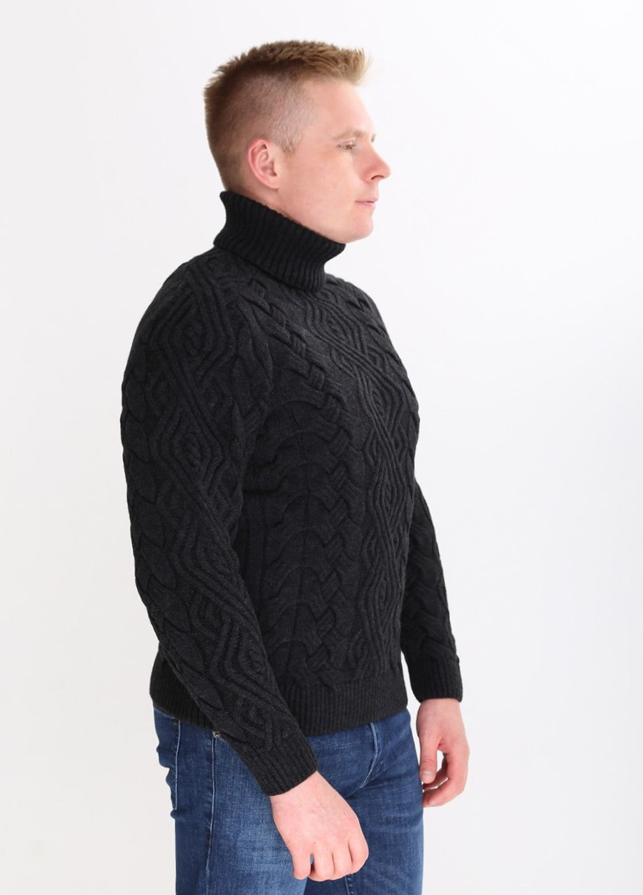 Черный зимний свитер мужской черный теплый с горлом и косами Pulltonic Приталенная
