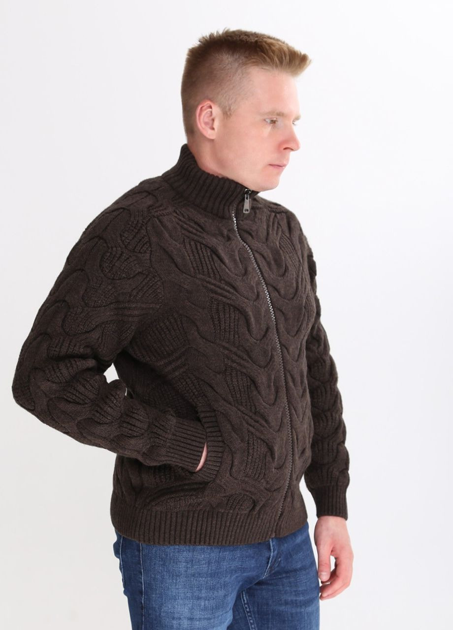 Коричневый зимний свитер мужской коричневый на молнии зимний с косами Pulltonic Прямая