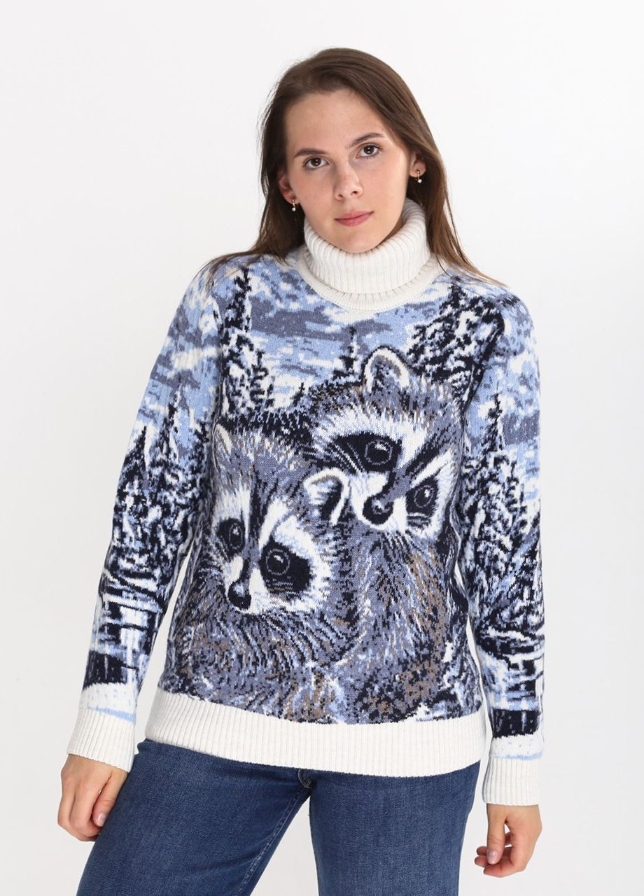 Молочный зимний свитер женский молочный с енотом зимний с горлом Pulltonic Приталенная
