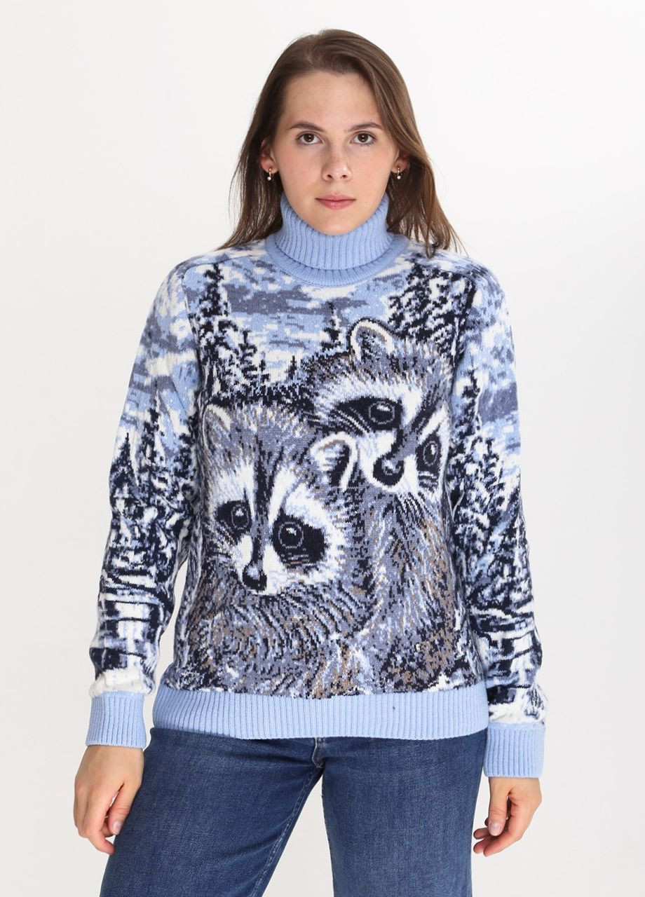 Голубой зимний свитер жеский голубой с енотом зимний с горлом Pulltonic Приталенная