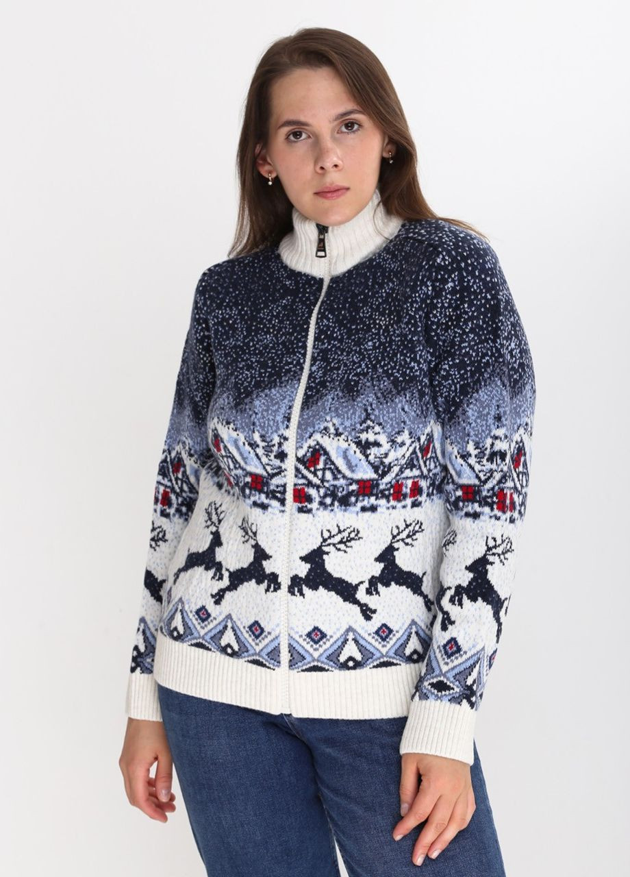 Молочный зимний свитер женский молочный на молнии новогодний принт Pulltonic Приталенная