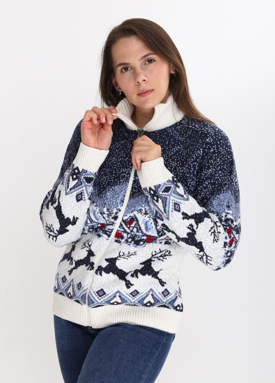 Молочный зимний свитер женский молочный на молнии новогодний принт Pulltonic Приталенная