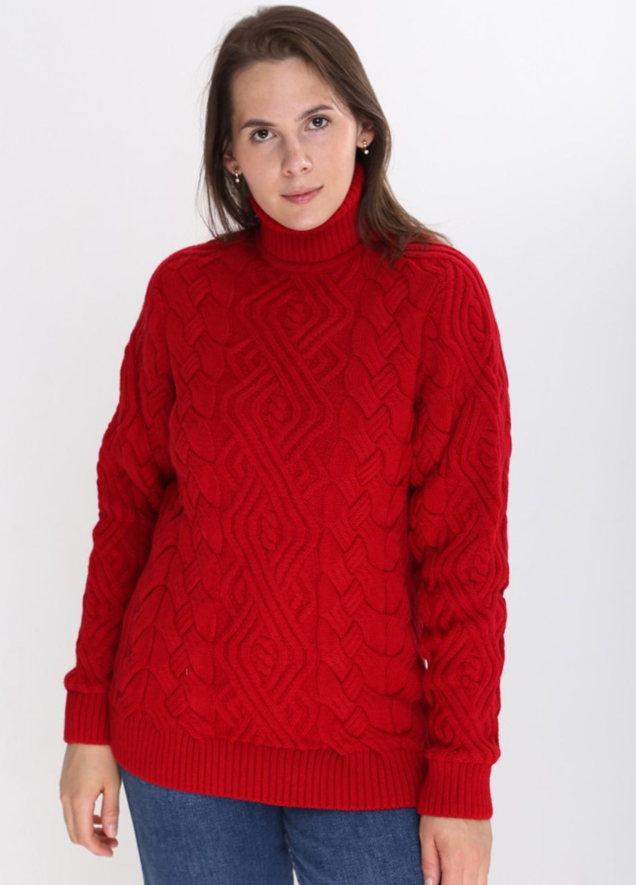 Червоний зимовий жіночий светр червоний теплий з горлом і косами Pulltonic Приталенная