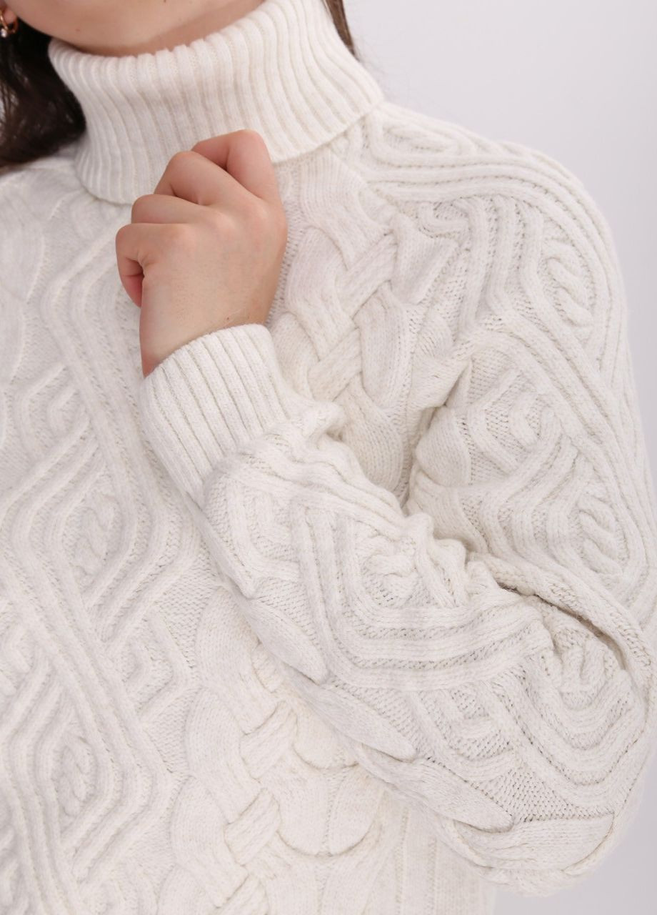 Молочний зимовий светр жіночий молочний теплий з горлом та косами Pulltonic Приталенная