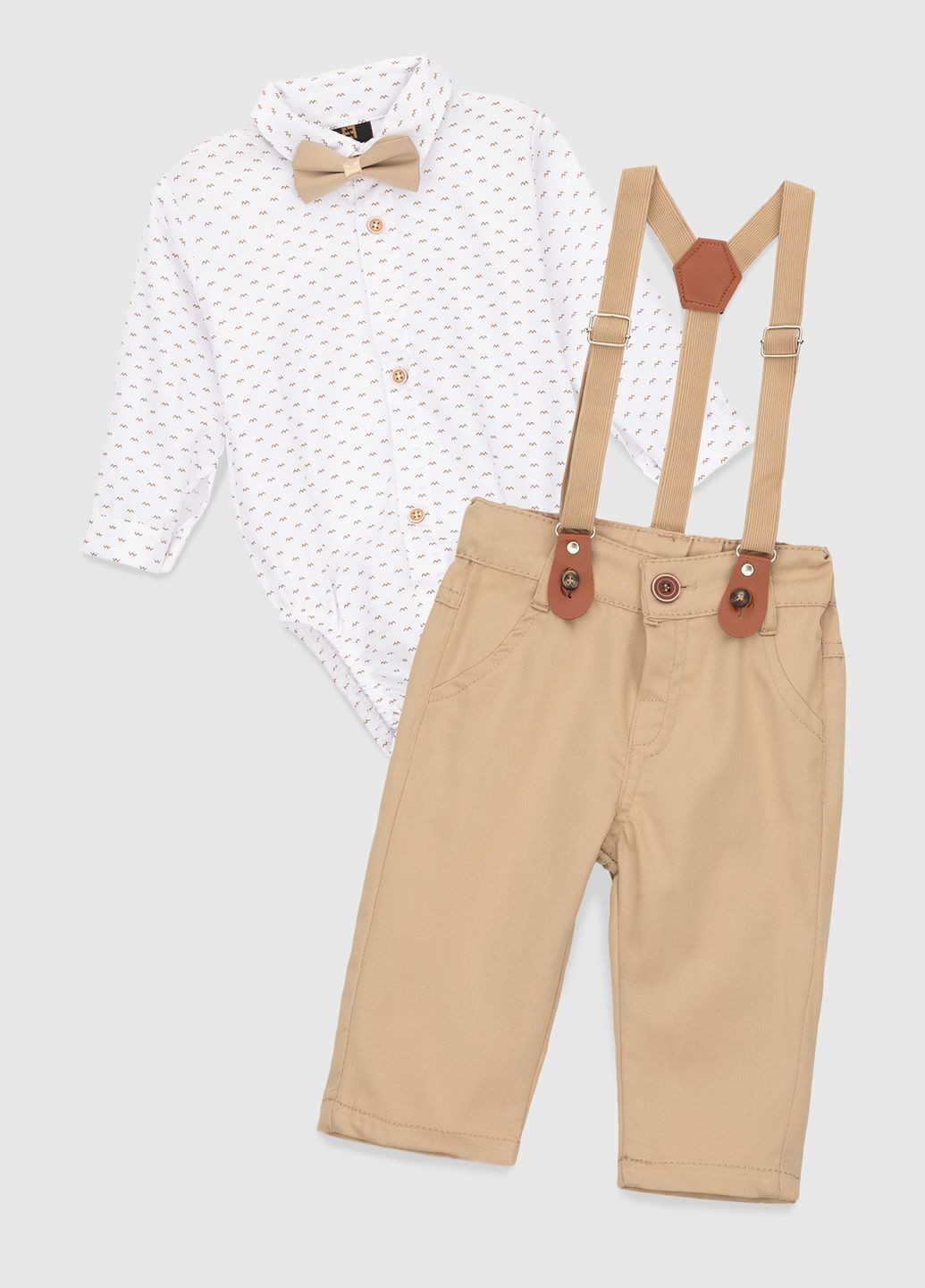 Бежевый демисезонный костюм малышка (боди+рубашка+штаны) Pitiki
