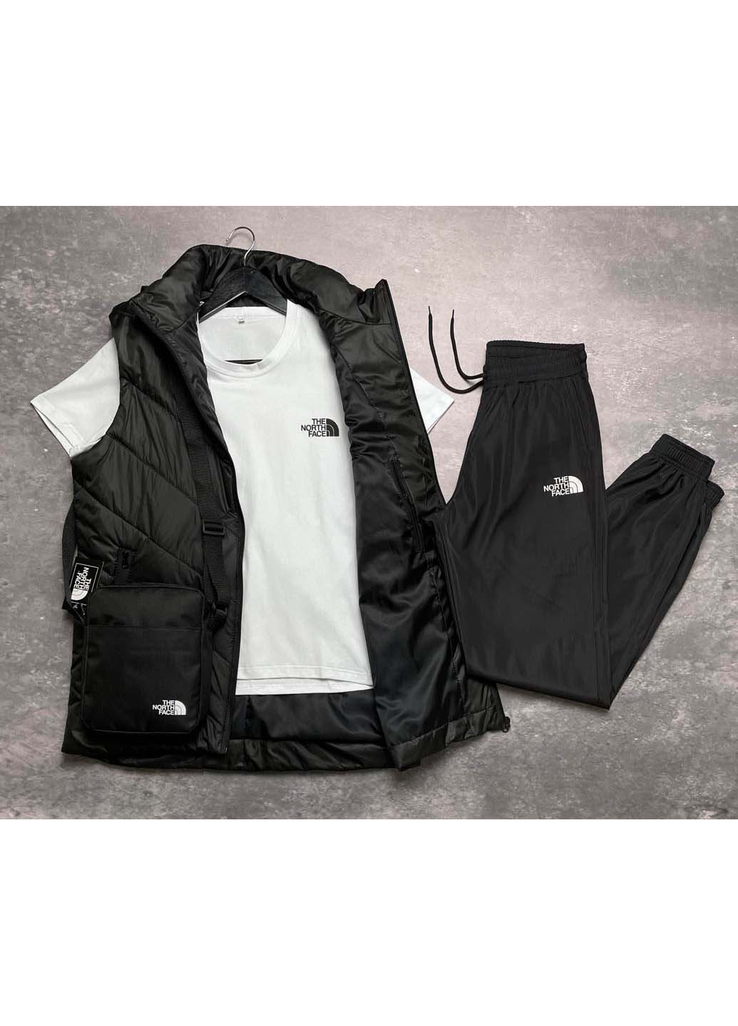 Чорно-білий демісезонний комплект clip жилетка + футболка та штани president + барсетка The North Face