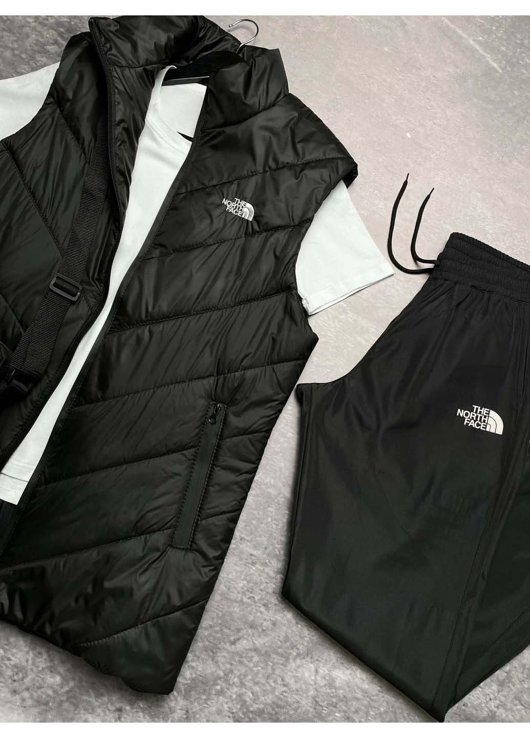 Черно-белый демисезонный комплект clip жилетка + футболка и брюки president + барсетка The North Face
