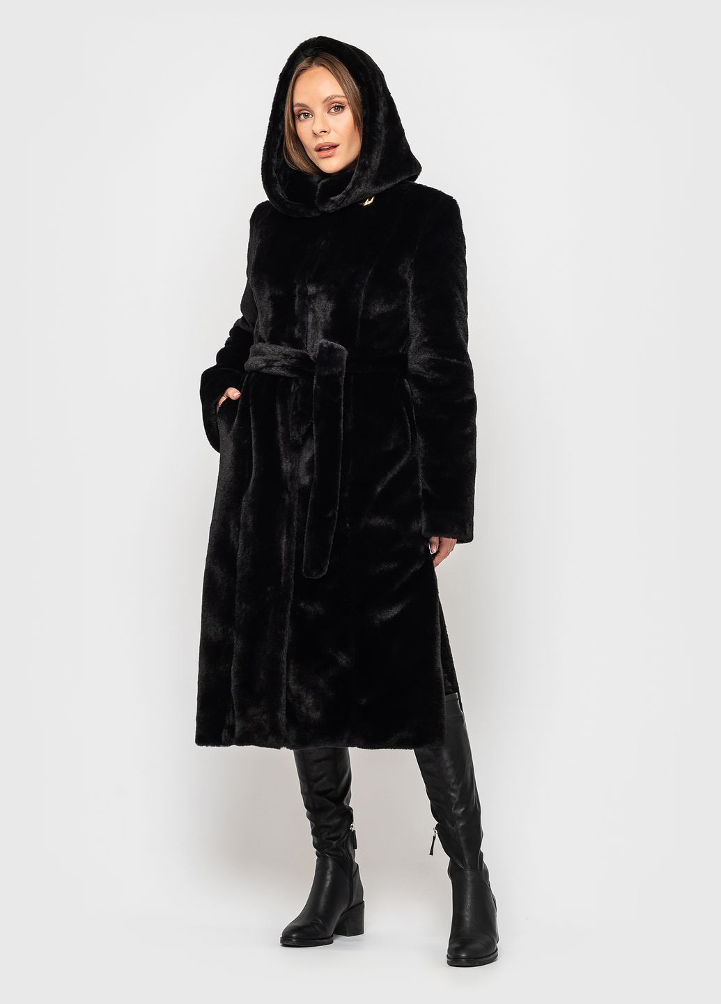 Шуба из эко меха с капюшоном черная SoulKiss 041 (262291346)