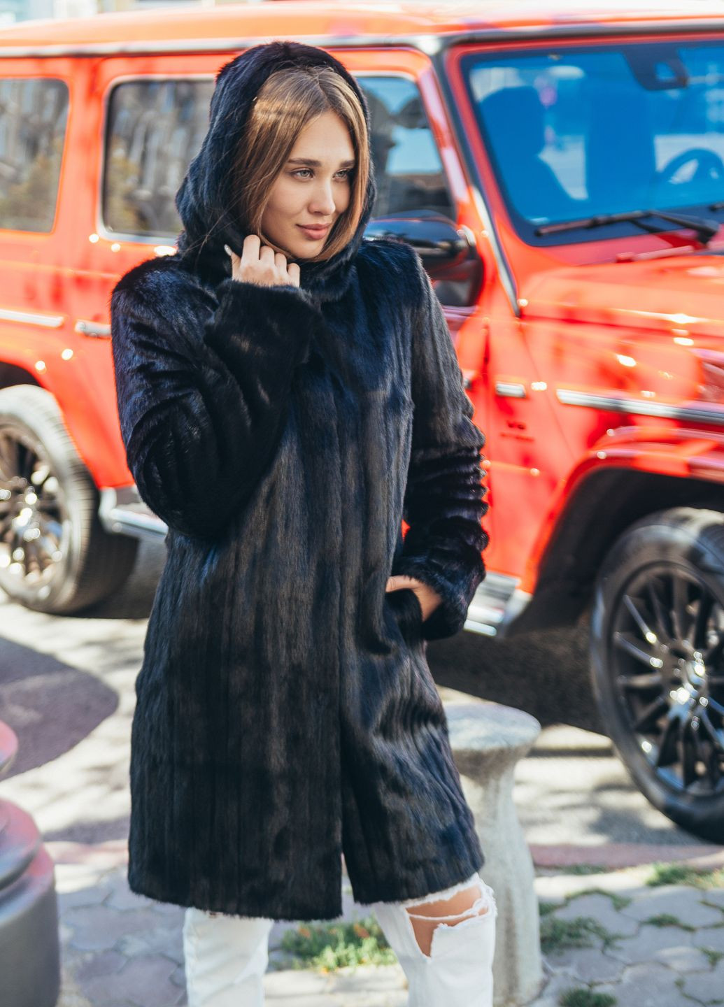 Шуба из эко меха с капюшоном черная SoulKiss 2-080 (262291370)