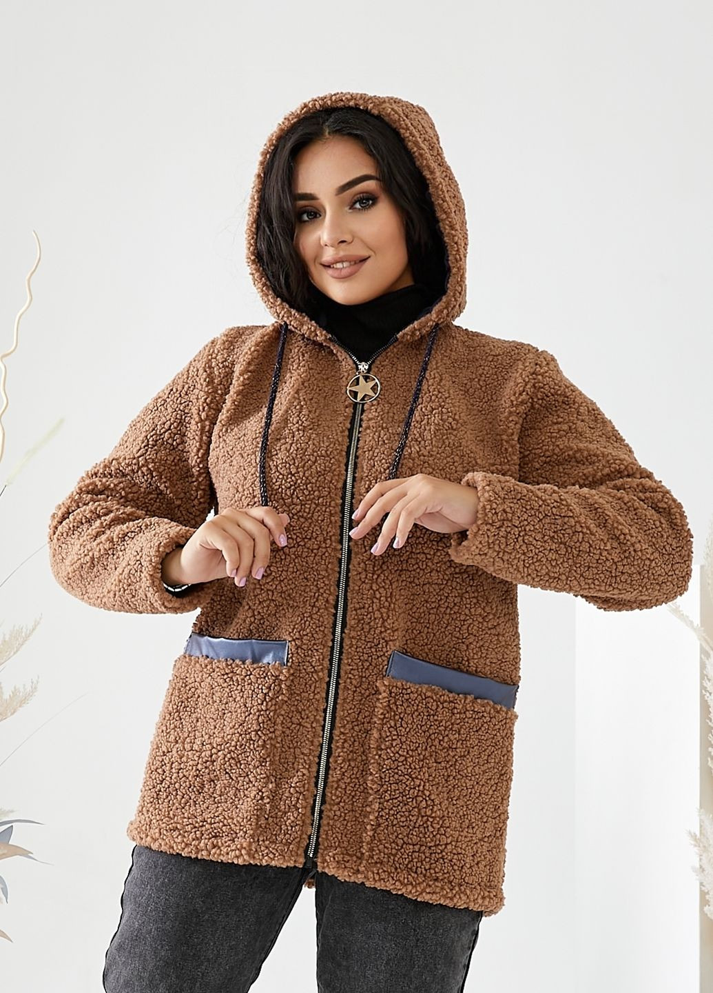 Коричневая демисезонная куртка из эко-меха, изготовленная из утепленной ткани big teddy Tailer