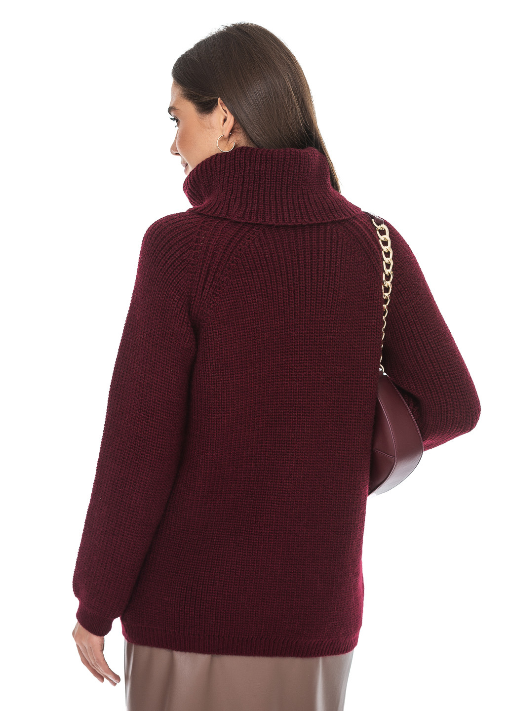 Бордовый теплый свитер крупной вязки светлая пудра SVTR