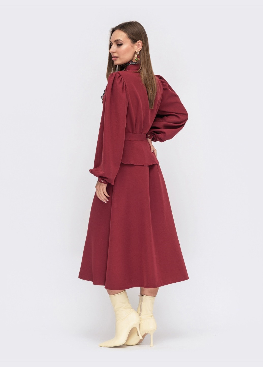 Бордова бордове плаття з об'ємними рукавами на знімною баскою Dressa