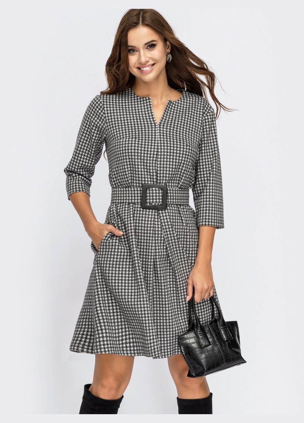 Черное черное платье-трапеция с узором "клетка пепита" Dressa