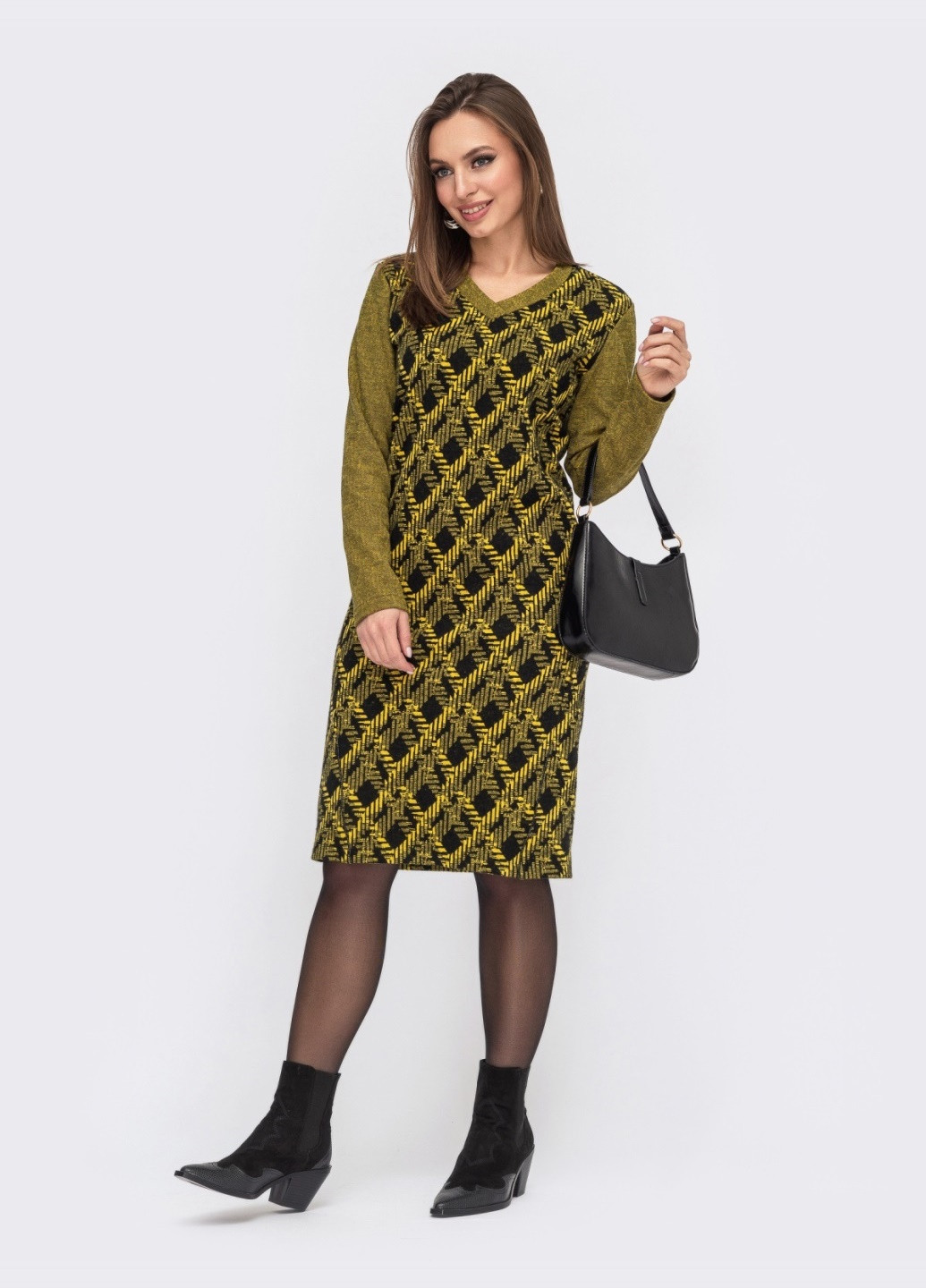 Желтое желтое платье прямого силуэта из жаккарда с принтом Dressa