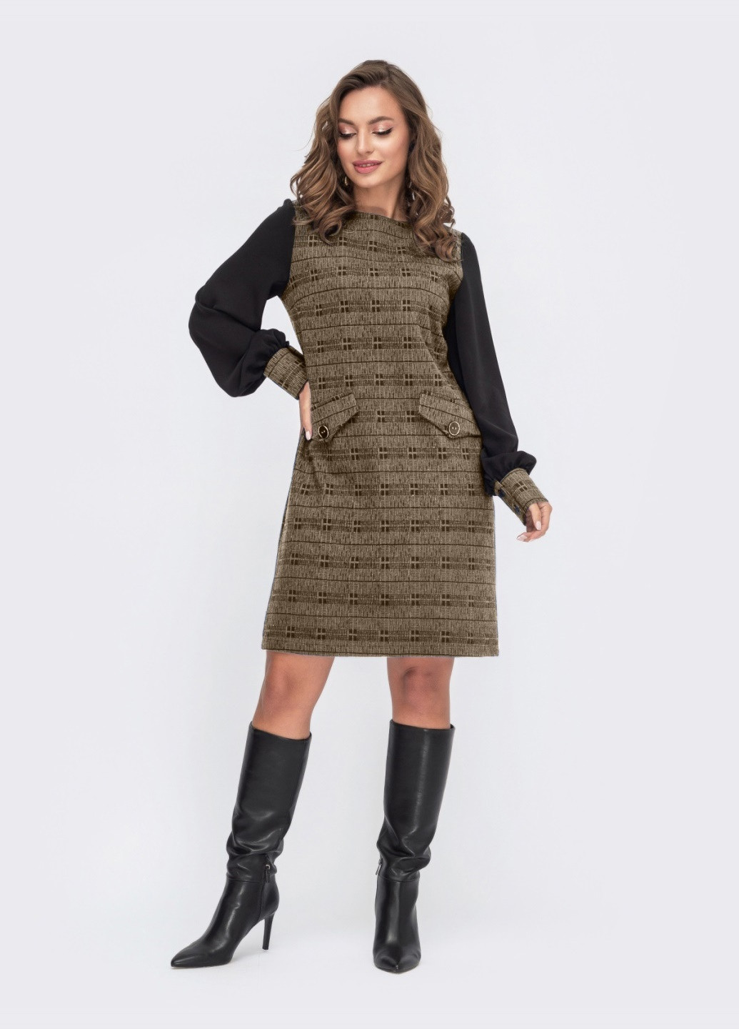 Коричнева коричневе плаття з жакарду в клітинку із рукавами з тіару Dressa