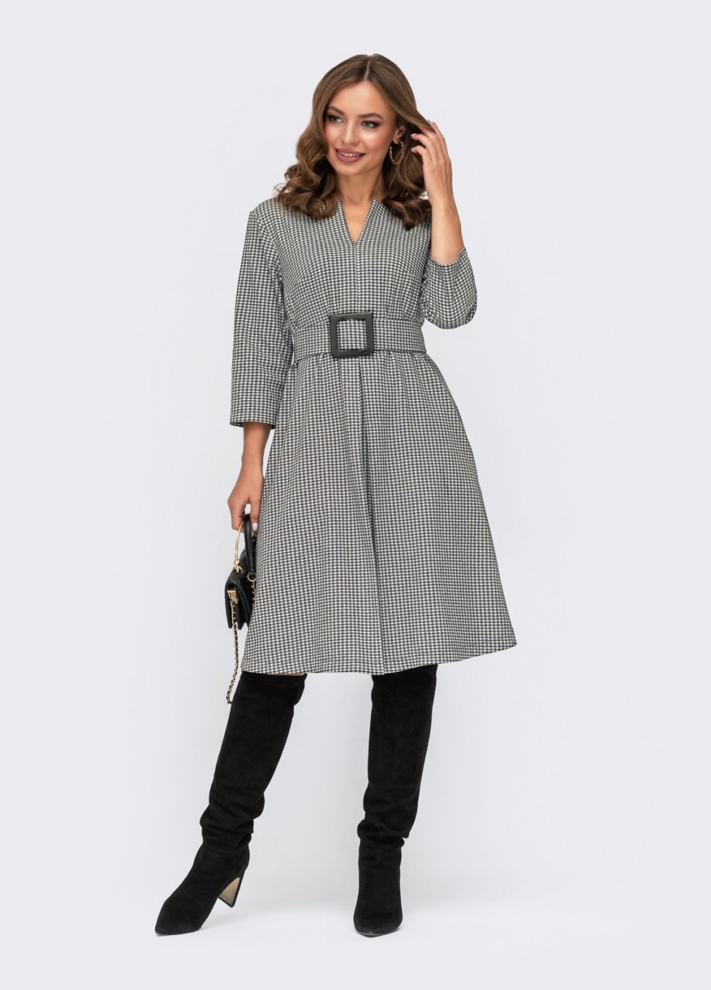 Темно-серое темно-серое платье-трапеция в клетку со встречной складкой Dressa