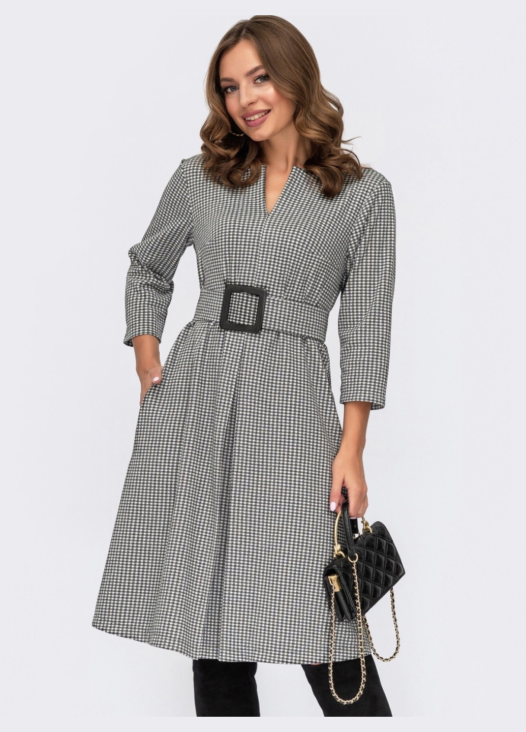 Темно-серое темно-серое платье-трапеция в клетку со встречной складкой Dressa