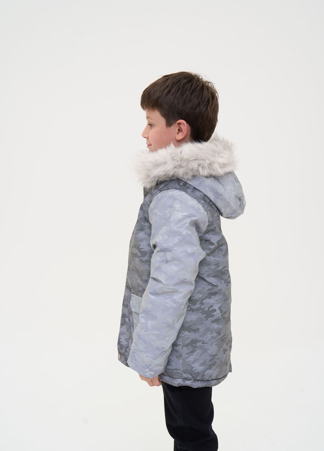 Серая зимняя теплая детская куртка с меховым капюшоном, серый камуфляж Yumster