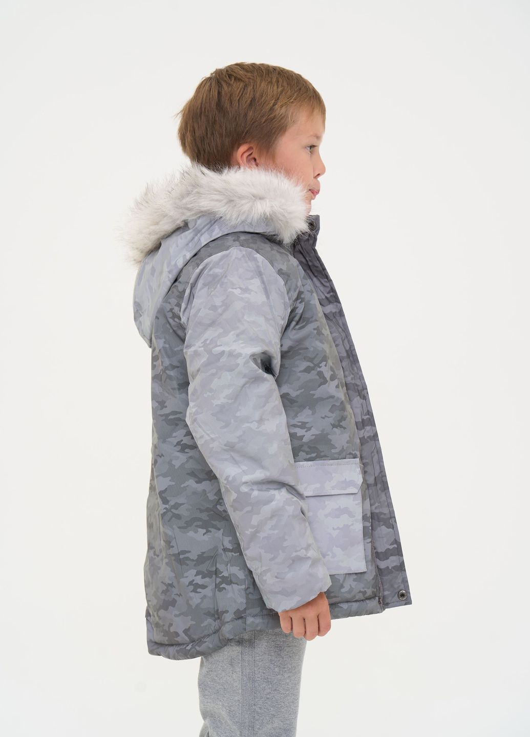 Сіра зимня тепла дитяча куртка з хутряним капюшоном, сірий камуфляж Yumster