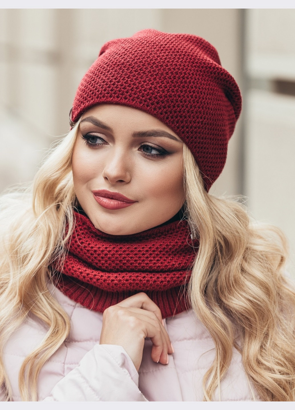 бордовые шапка и хомут рельефной вязки Dressa (262448083)