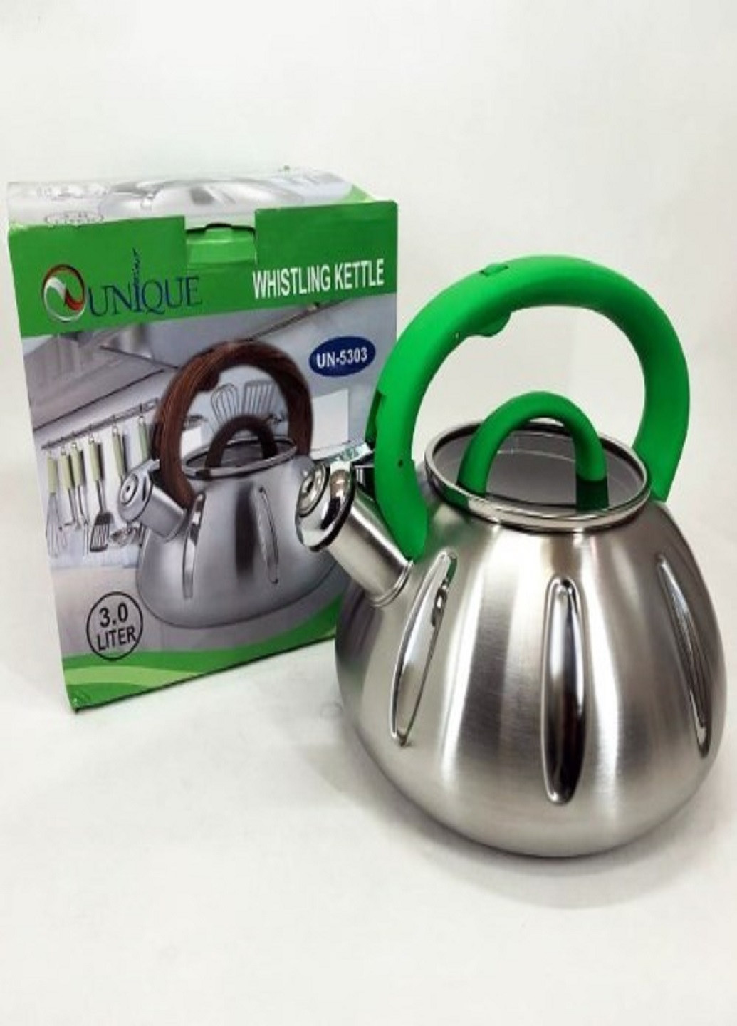 Чайник із свистком UN-5303 із нержавіючої сталі 3,0л зелений Unique (262454245)